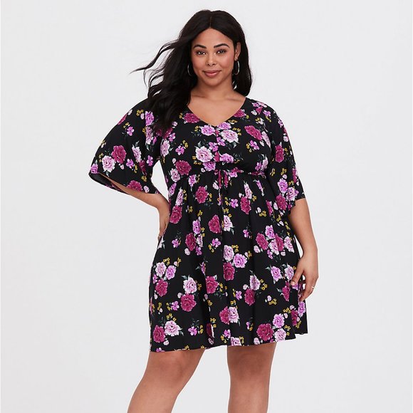 torrid Dresses & Skirts - TORRID BLACK FLORAL KIMONO SLEEVE SKATER DRESS 1X